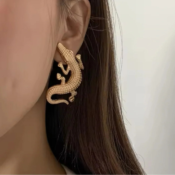 Alligator Gold Textured Statement Earrings - Picture 12 of 16